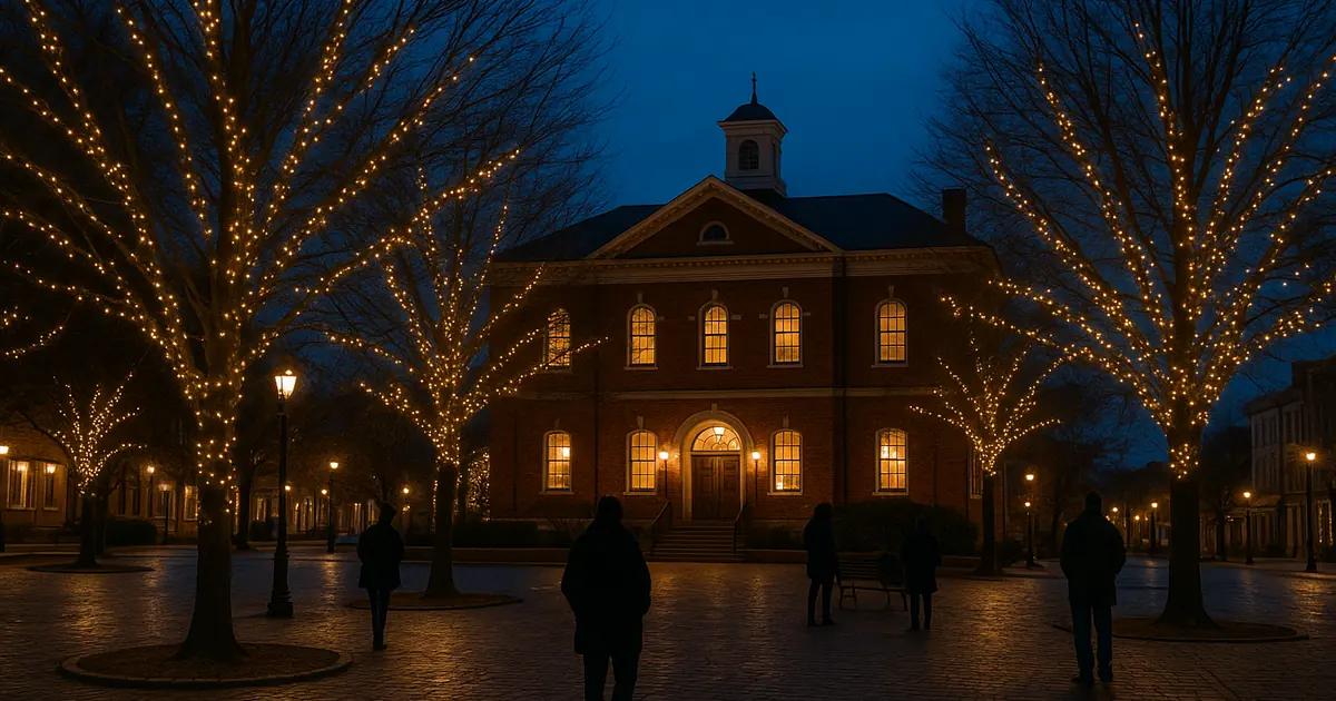 Small-city public square strung with warm holiday lights at blue hour in December