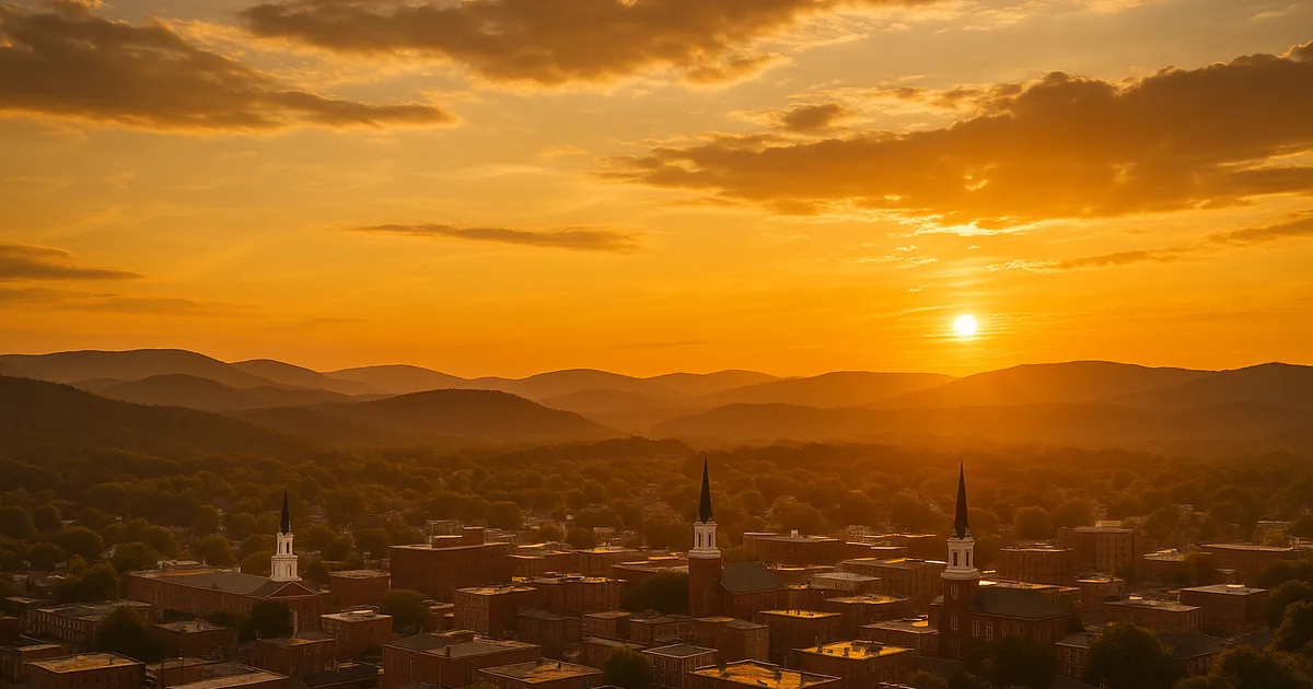 Golden sunset over rolling Appalachian foothills with a small brick city and church steeples below