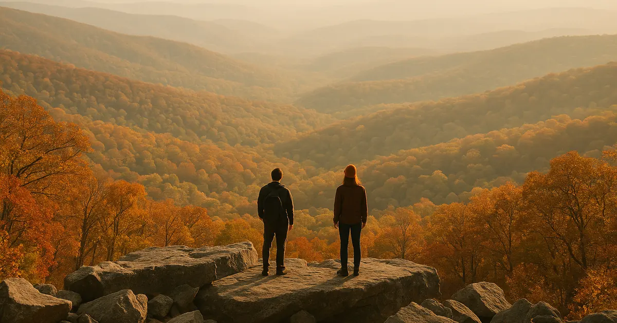 Two distant hikers at an Appalachian ridge overlook over rolling forested Maryland valleys in autumn