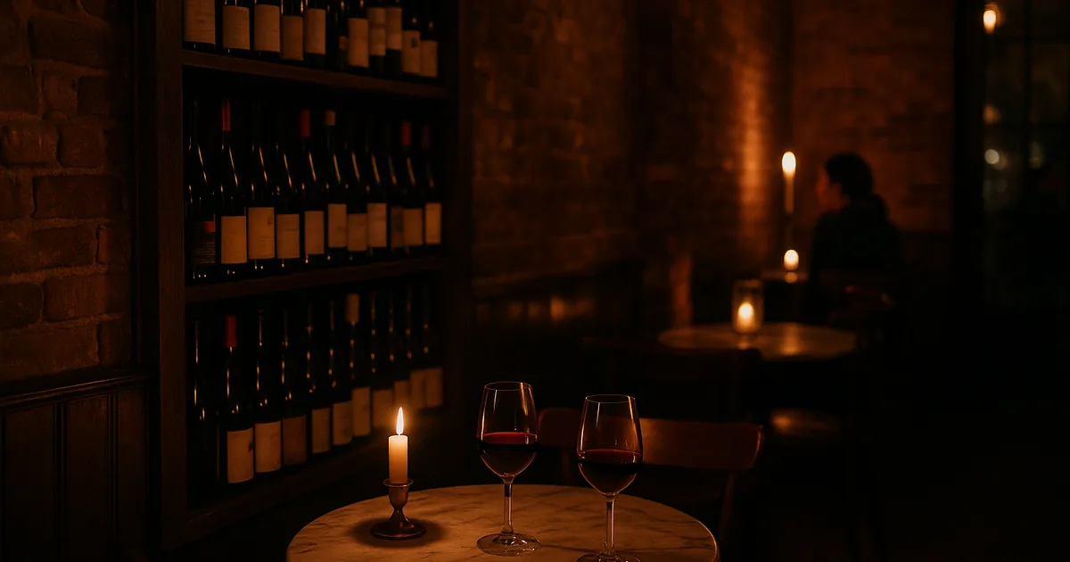 Intimate wine bar interior at night with candlelight, exposed brick and two glasses of red wine