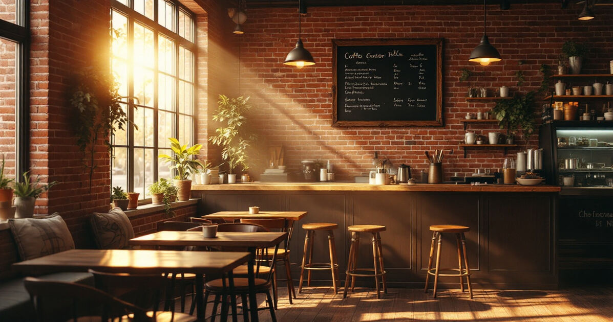 Warm southern coffee shop interior with brick walls in morning light