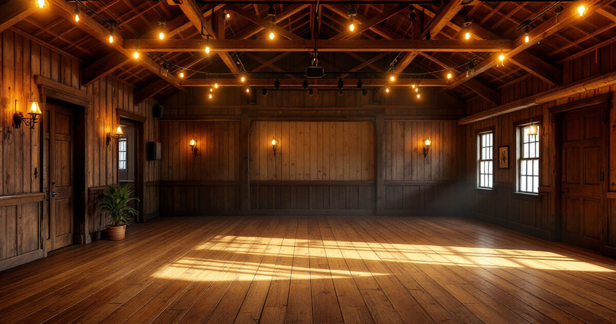 Warm rustic dance hall interior with wooden floor and stage lights