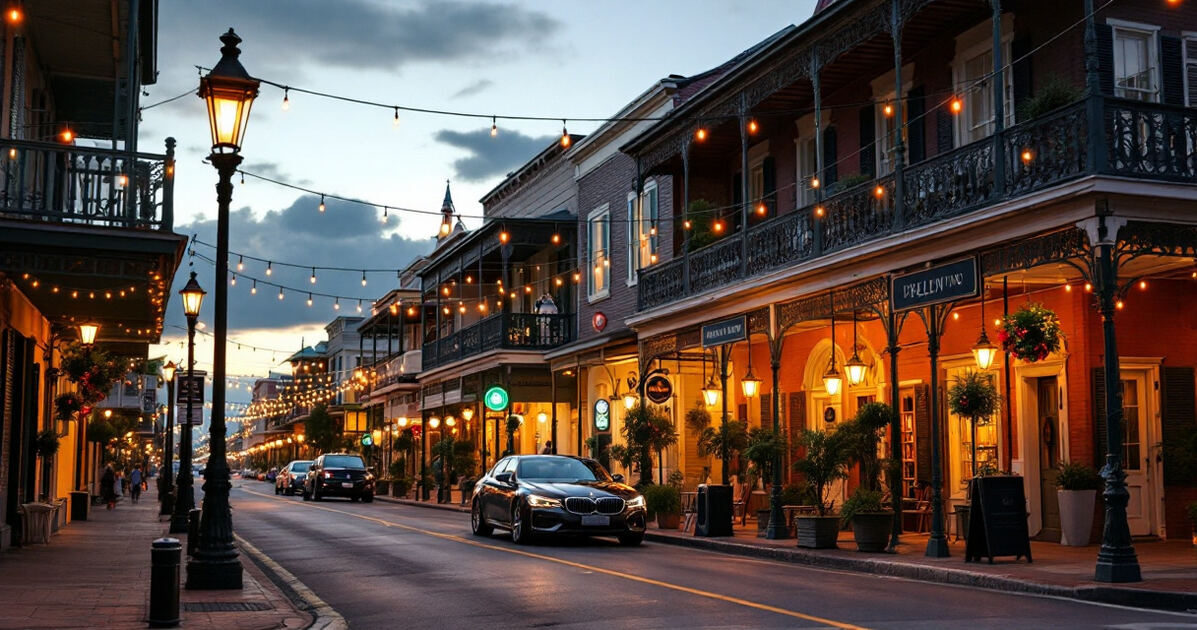 Southern downtown street with balconies and string lights at dusk