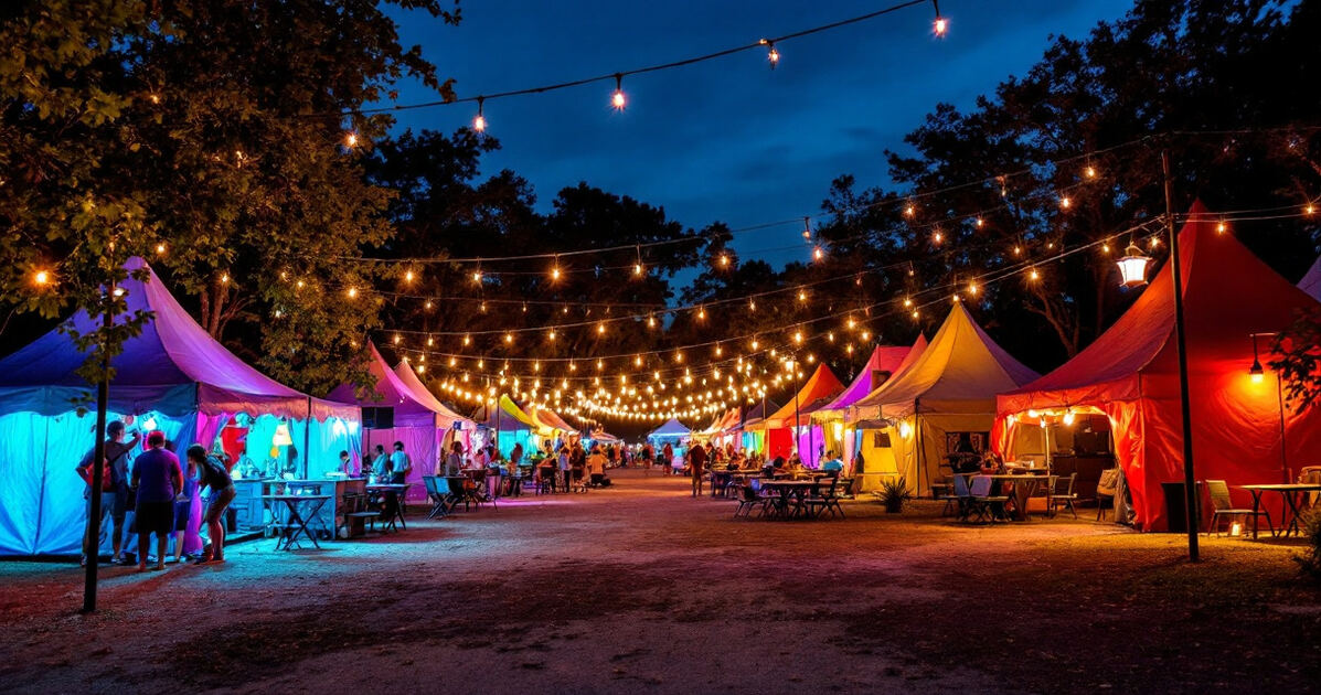 Colorful outdoor festival grounds with string lights and tents at dusk