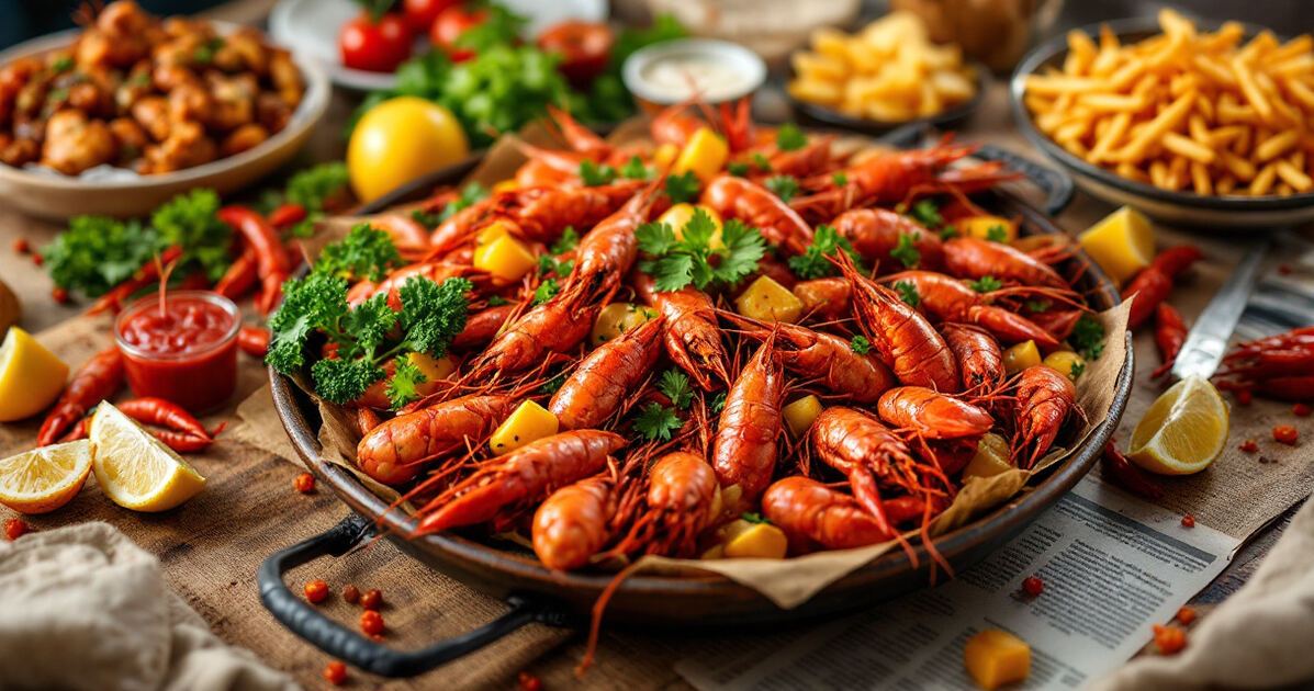 Cajun crawfish boil spread on a newspaper-covered table