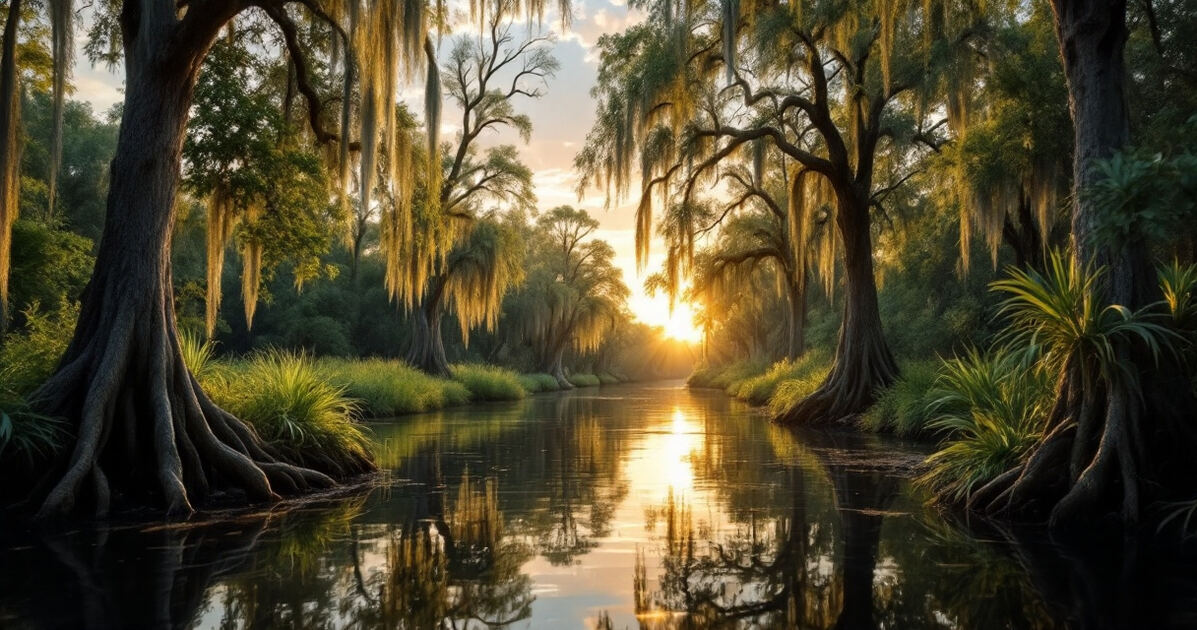 Louisiana bayou with cypress trees and Spanish moss at golden hour near Lafayette