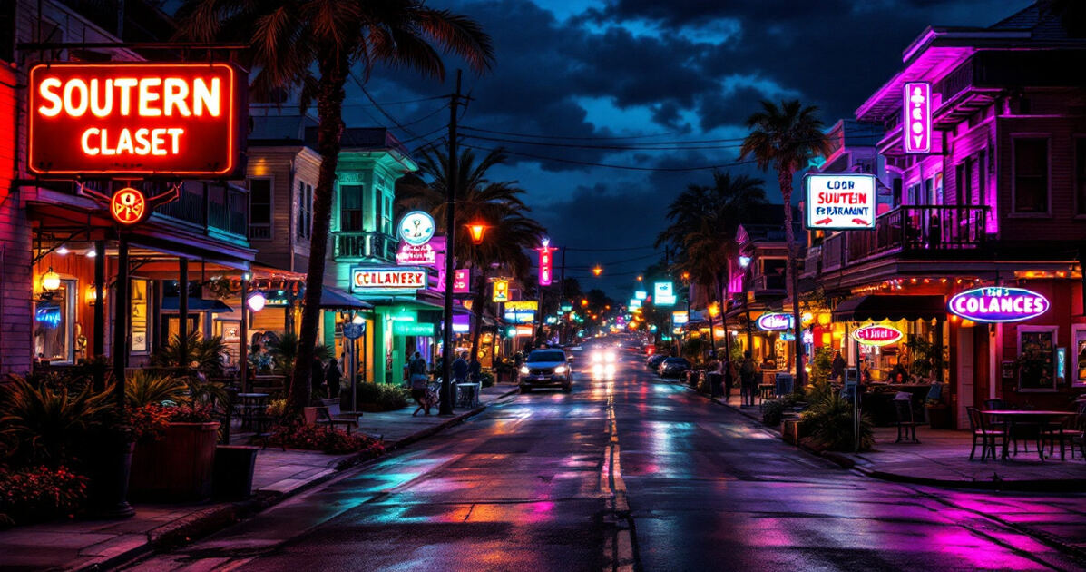 Vibrant southern entertainment street at night with neon glow and balconies
