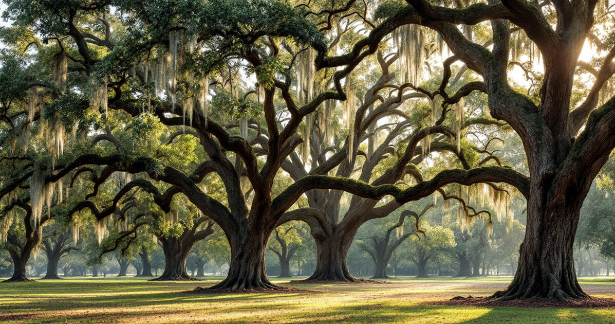 Giant live oak trees with Spanish moss in a southern park