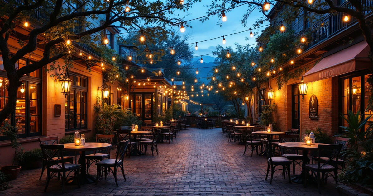 Restaurant courtyard patio with string lights at dusk in southern style