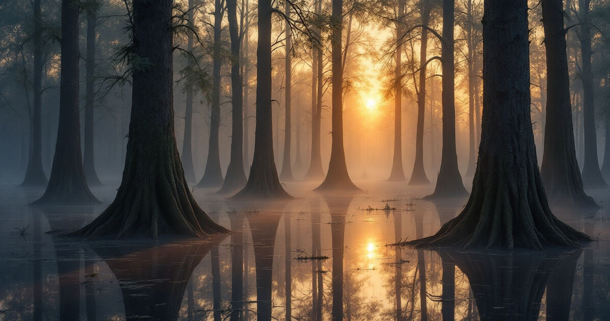 Atmospheric Louisiana swamp at dawn with mist and cypress trees