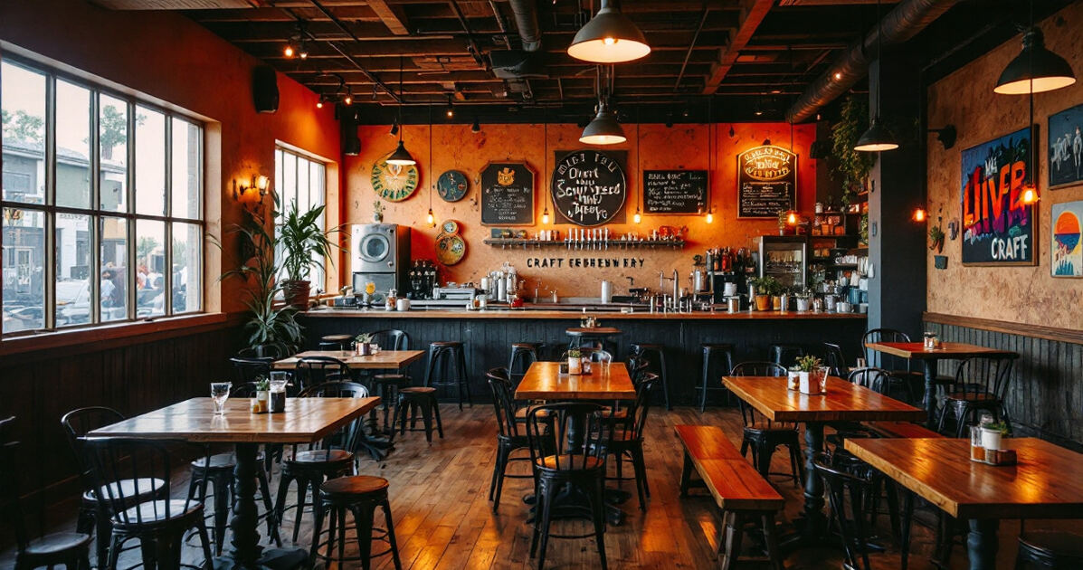 Cozy craft brewery taproom with warm lighting and southwest decor