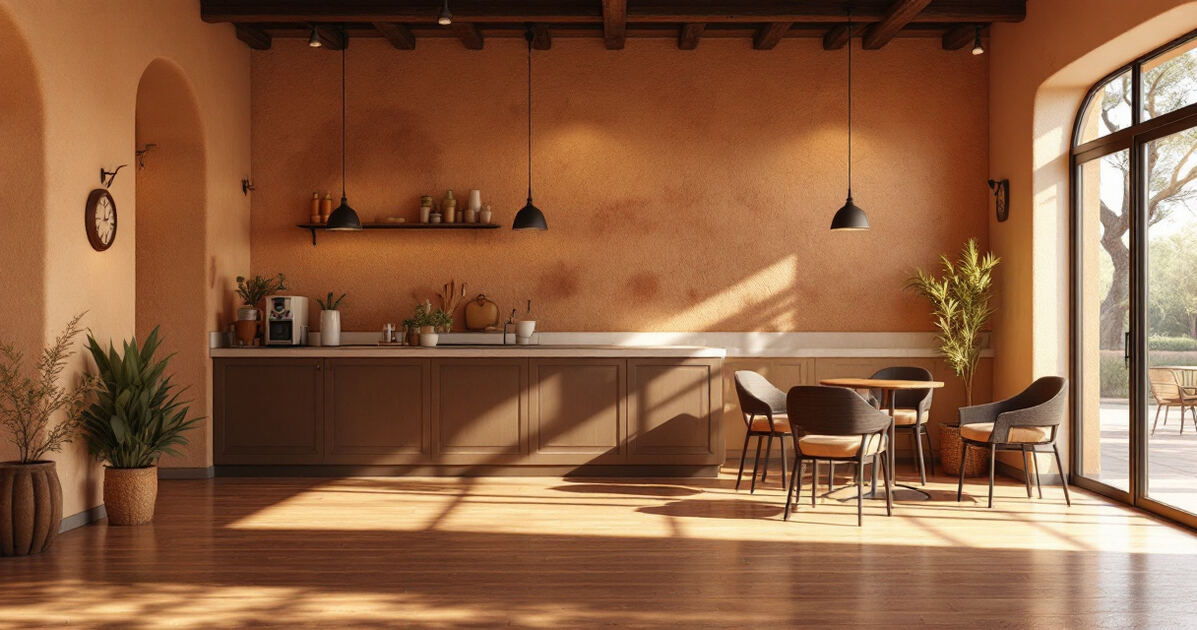 Warm southwest coffee shop interior with adobe walls in morning light