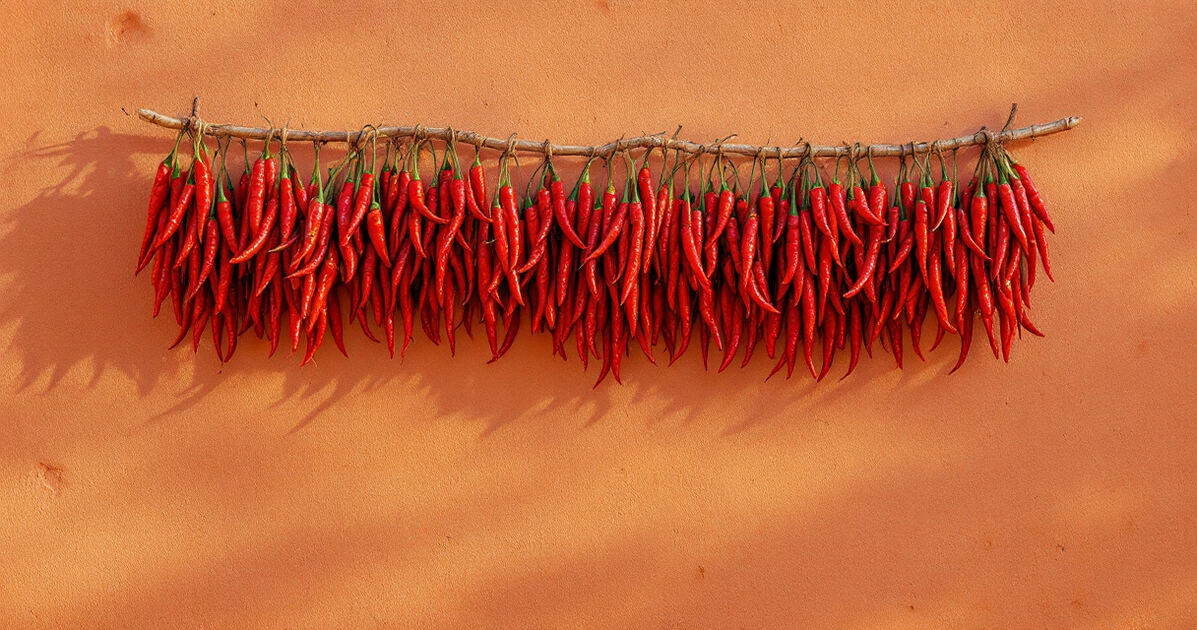 Red chile ristras hanging on an adobe wall in New Mexico