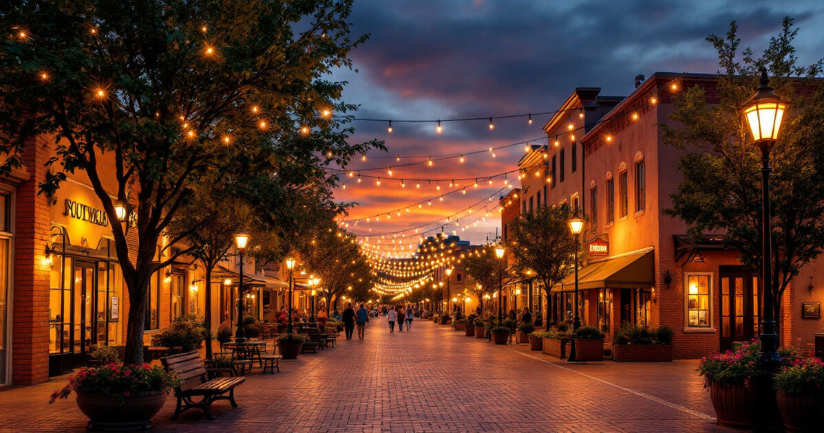 Southwest downtown plaza street with string lights in the evening