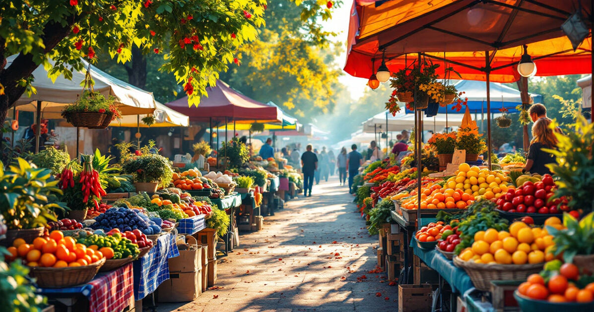 Vibrant outdoor farmers market with colorful stalls in morning light