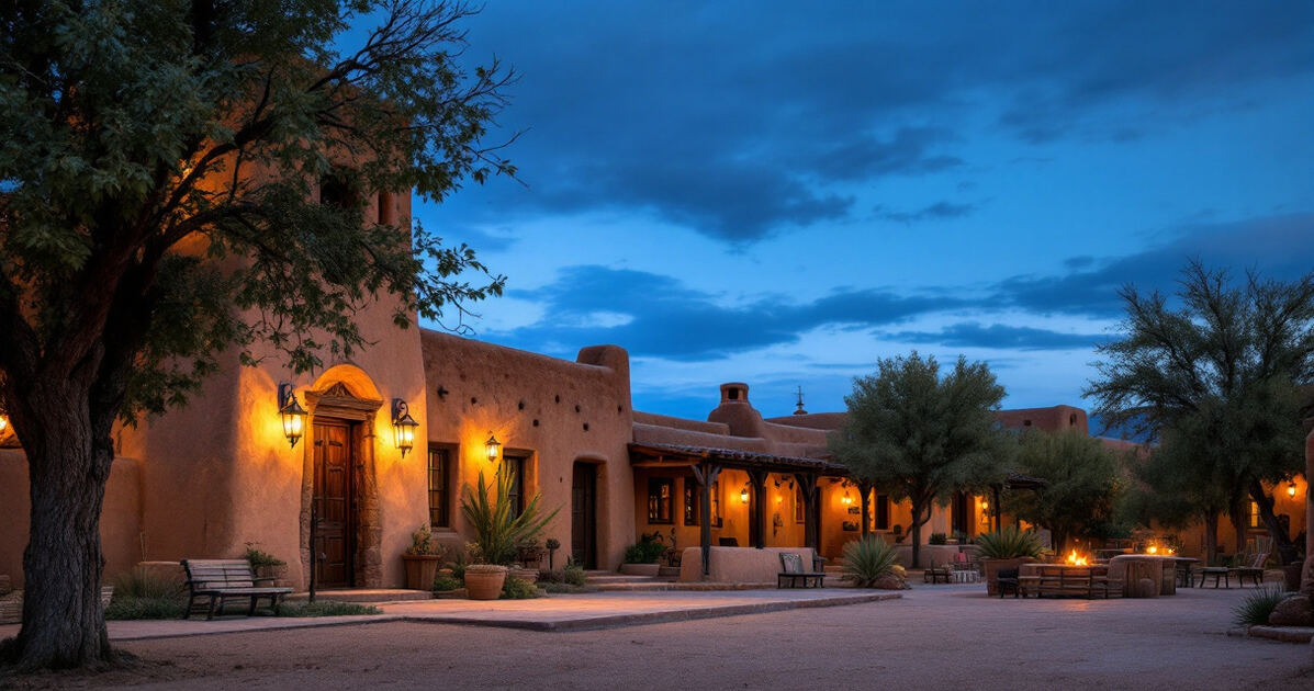 Historic adobe plaza village at dusk with warm lantern light