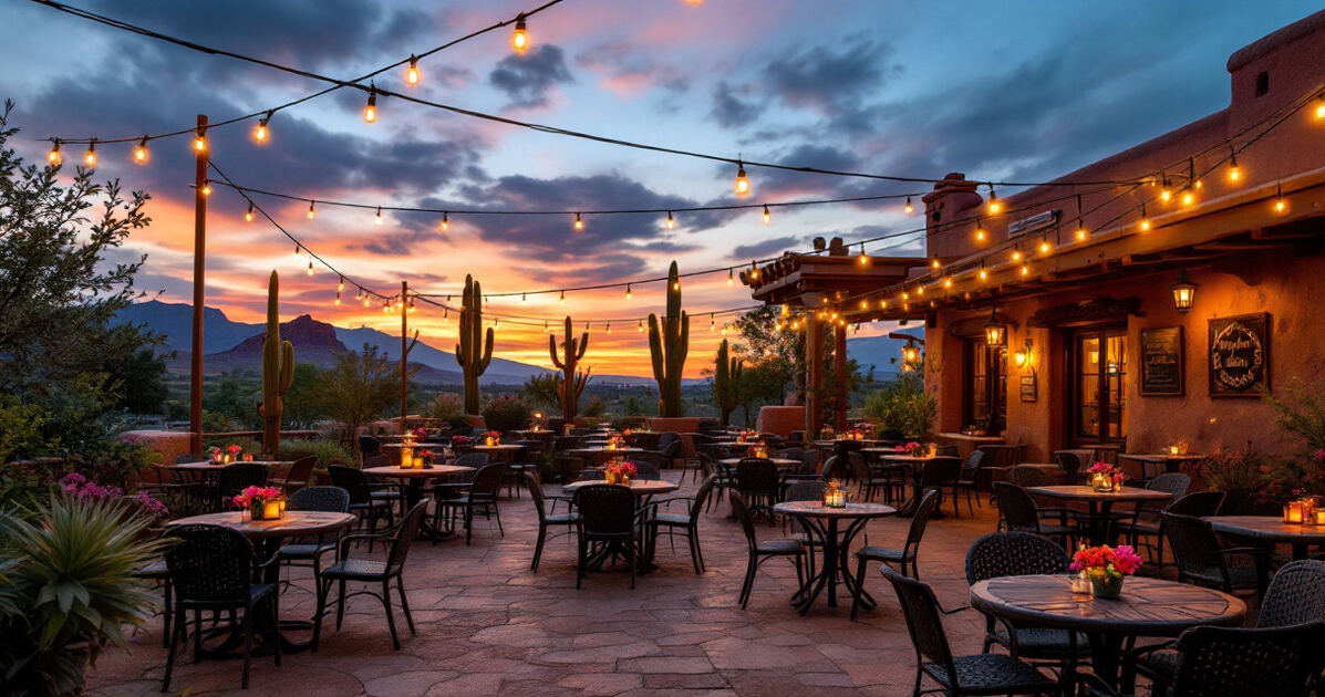Restaurant patio with string lights at dusk in southwest style