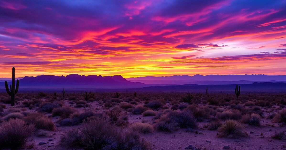 New Mexico desert sunset with purple and orange sky over mountains