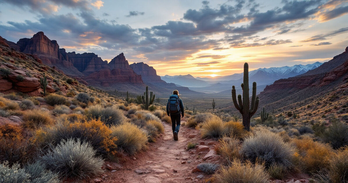 Desert hiking trail toward the Organ Mountains at dawn