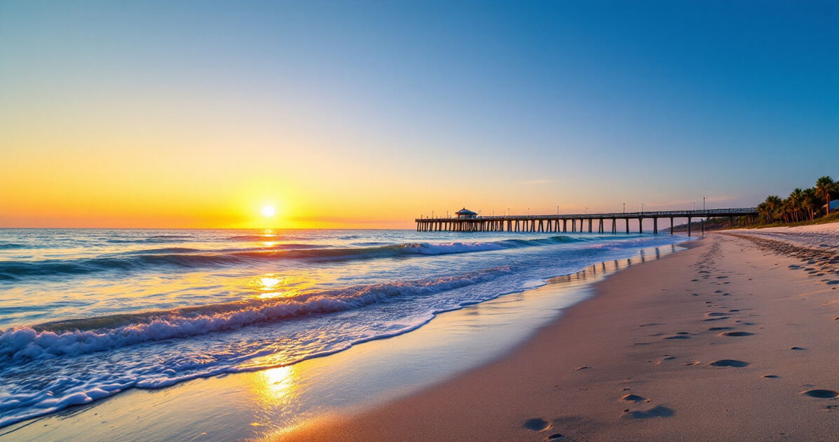 Quiet Florida Atlantic beach at sunrise with gentle waves and a pier in the distance
