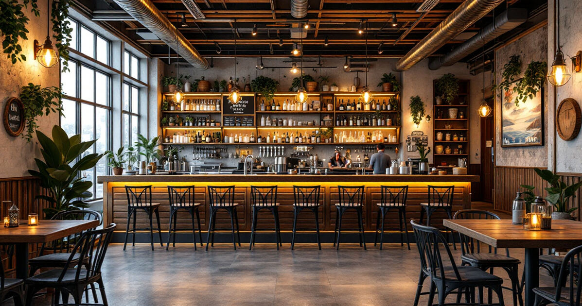 Modern craft brewery taproom with warm lighting and coastal decor
