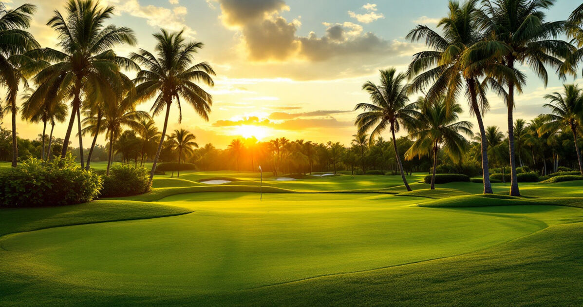 Lush green golf course fairway with palm trees at golden hour in Florida