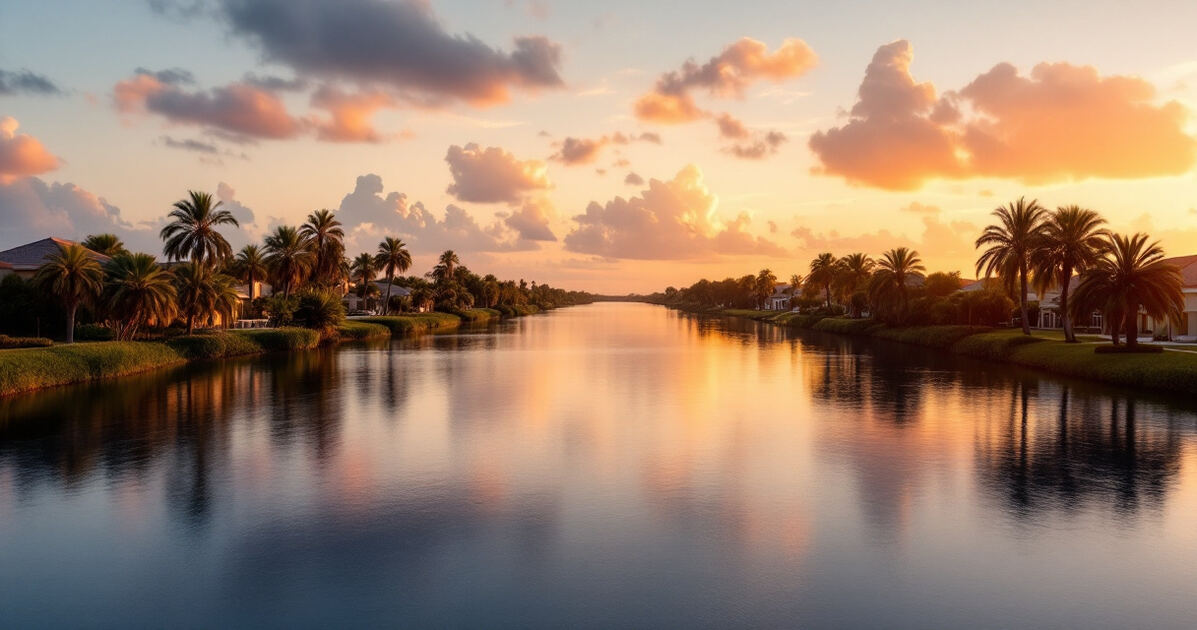 Palm Coast Florida intracoastal waterway at golden hour with palm trees and calm water