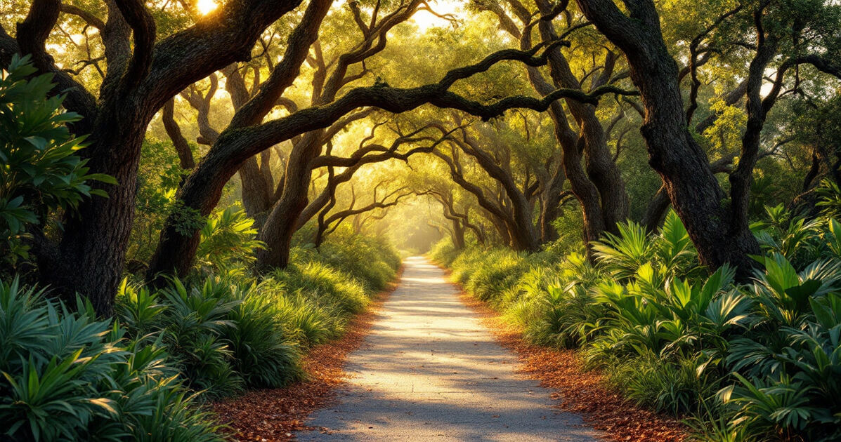 Lush Florida state park garden path with oak trees and coastal plants in warm light