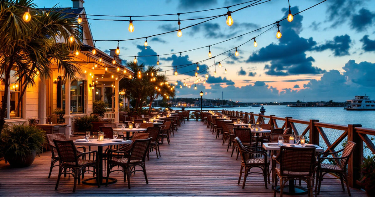 Waterfront restaurant patio with string lights at dusk in Florida