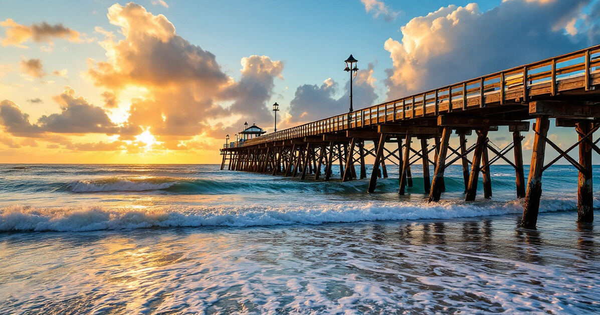Coastal fishing pier stretching into the ocean at golden hour in Florida