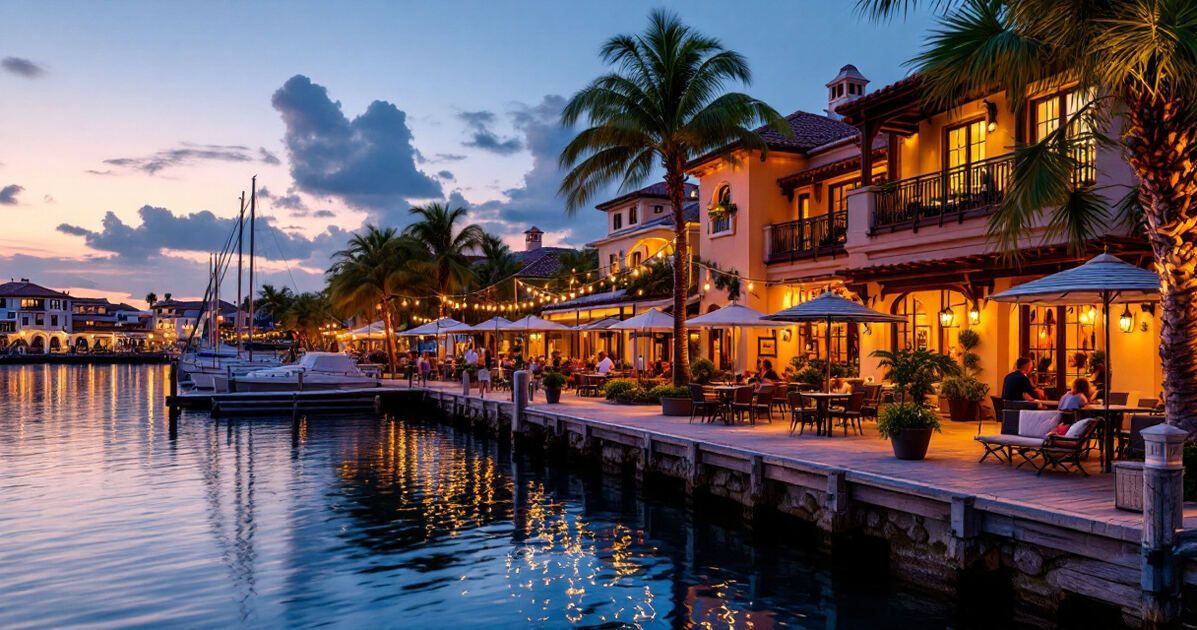 Mediterranean-style waterfront dining village with string lights and restaurant patios at dusk