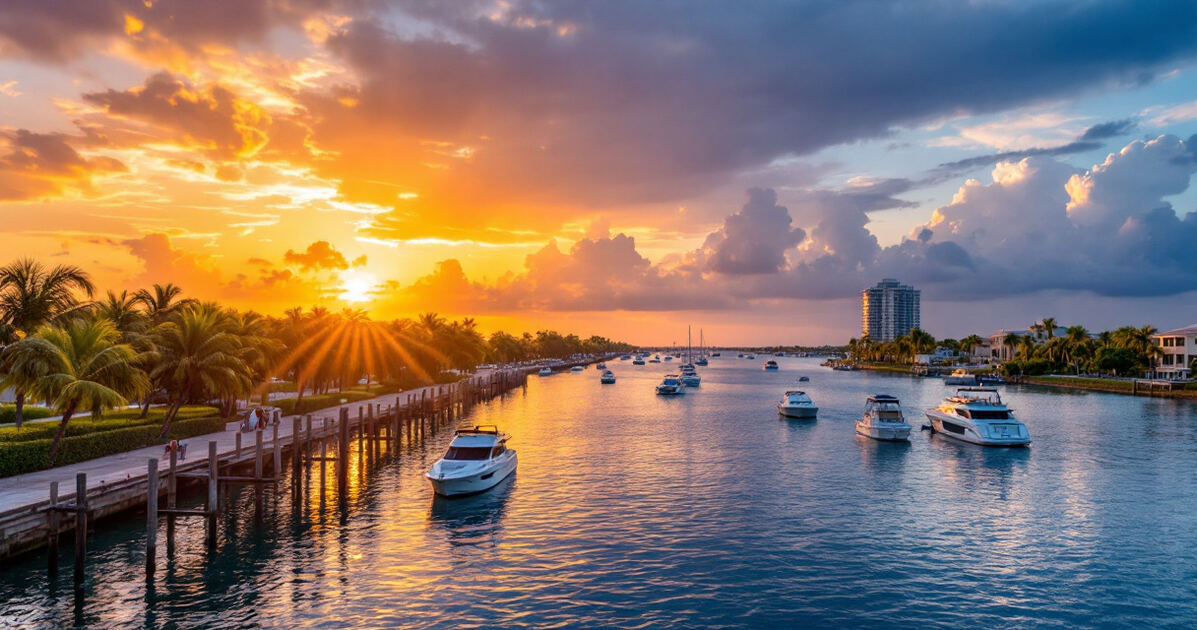 Scenic intracoastal waterway with boats and palm-lined shore at sunset