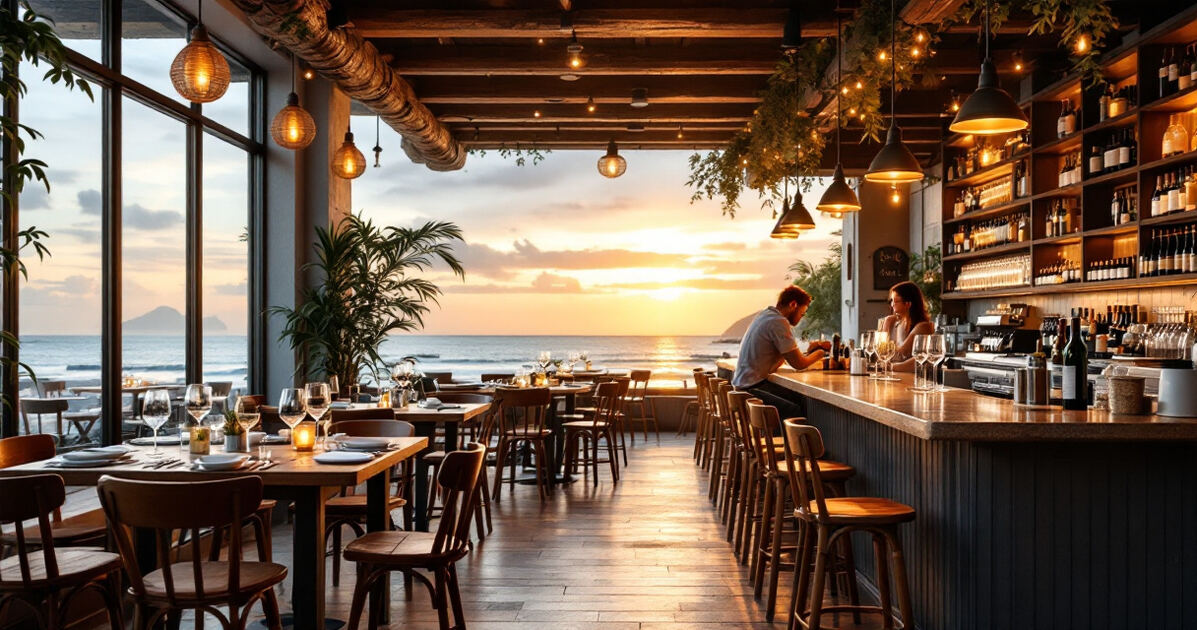Cozy coastal wine bar interior with warm lighting