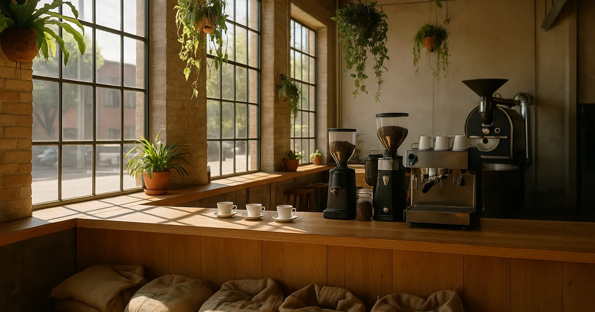 Bright independent coffee roastery cafe with big windows, sacks of coffee, ceramic cups and morning light on a wooden counter