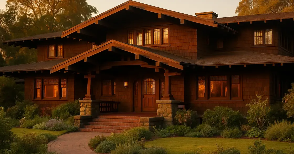 A 1908 American Craftsman bungalow mansion with wide gable roof and exposed wood beams at golden hour, Greene and Greene style