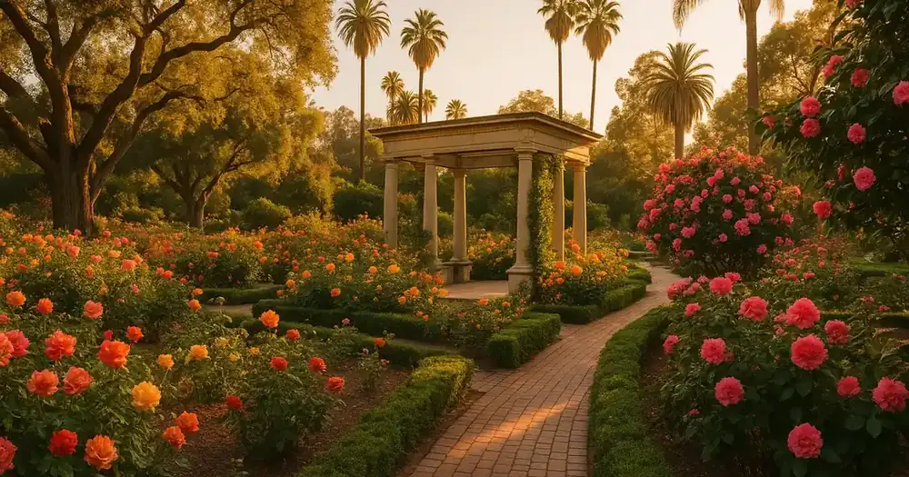 Lush botanical rose garden with a classical stone pergola, camellias and old oaks at golden hour in San Marino near Pasadena