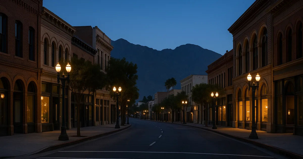 Historic brick and terracotta storefronts of Old Pasadena at blue-hour dusk with the San Gabriel Mountains behind