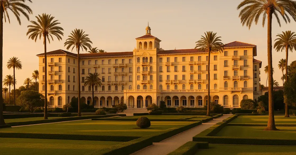 Grand 1914 Mediterranean-style resort hotel surrounded by manicured gardens and tall palms at golden hour
