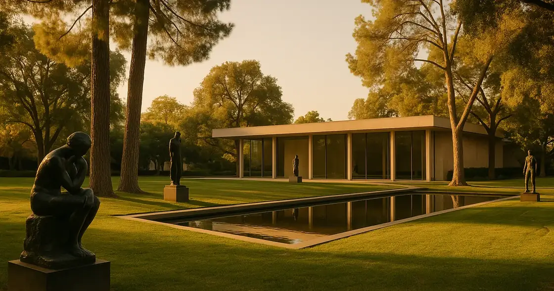 Serene fine-art museum sculpture garden at golden hour with bronze sculptures on lawns and a reflecting pond in Pasadena