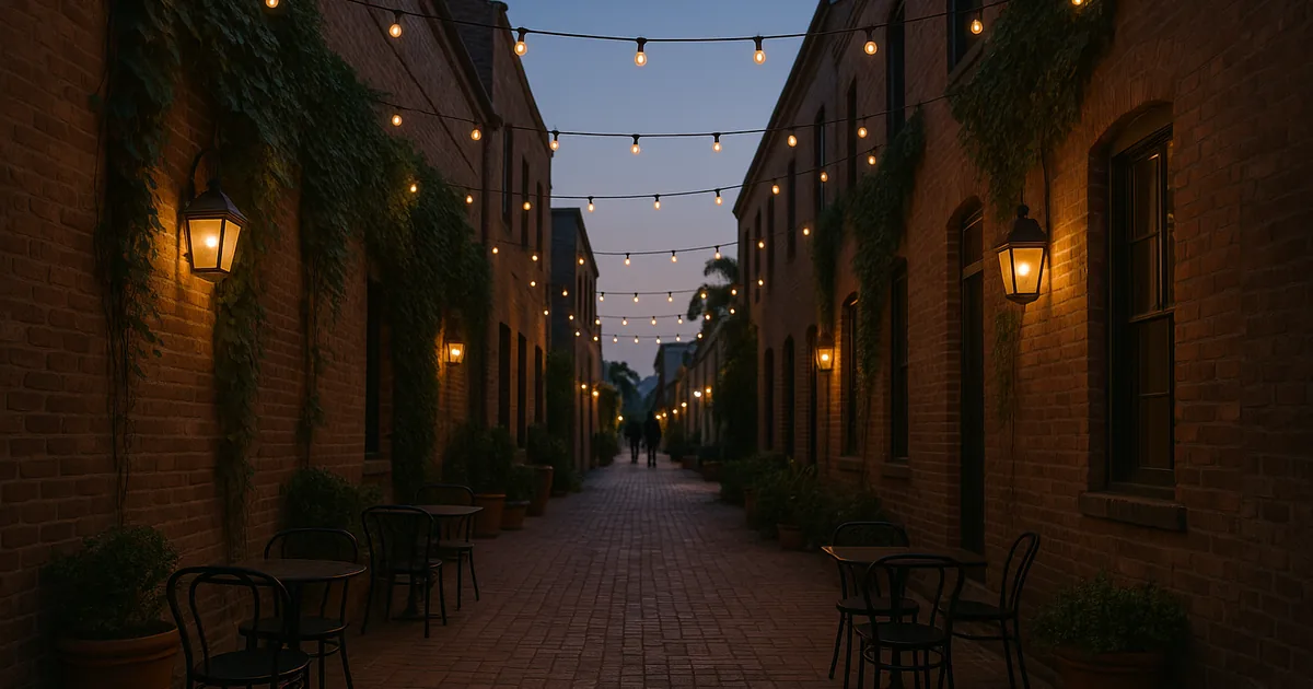 Charming brick pedestrian alley between historic buildings at dusk with string lights and cafe tables in Old Pasadena