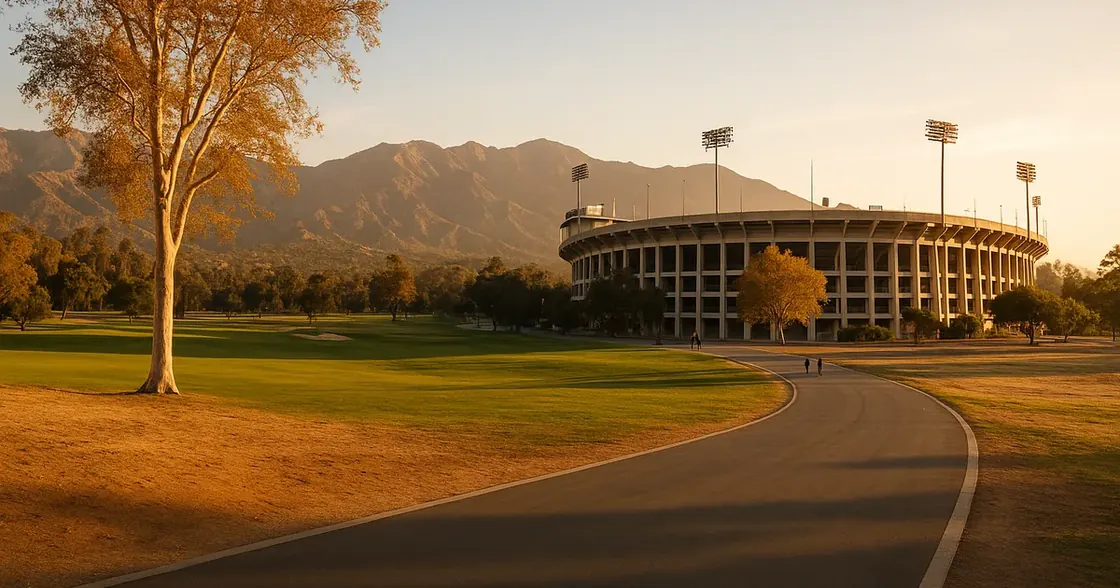 Wide paved loop trail around the Rose Bowl stadium and green golf course with the San Gabriel Mountains behind at golden hour