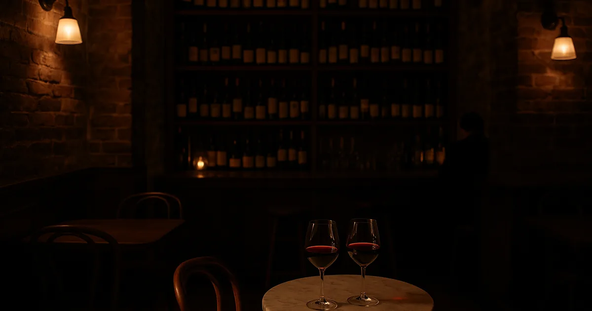 Intimate speakeasy wine bar with dim lighting, exposed brick and two glasses of red wine on a small marble table