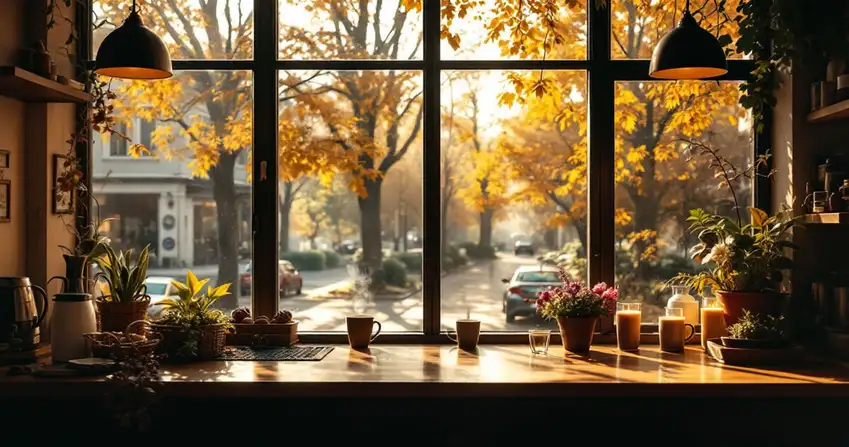 Warm cafe interior with big windows and evening light in downtown Riverside