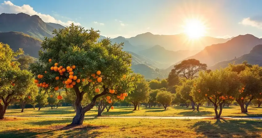 Sunlit historic citrus grove park with orange trees and mountains in California