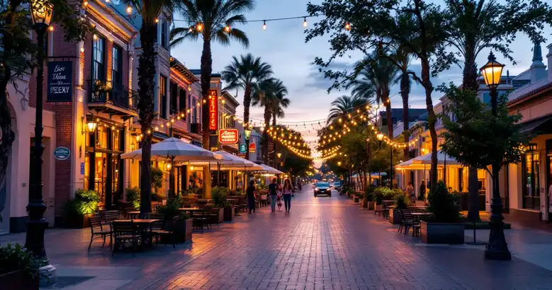 Charming historic downtown pedestrian mall with restaurants and string lights at dusk