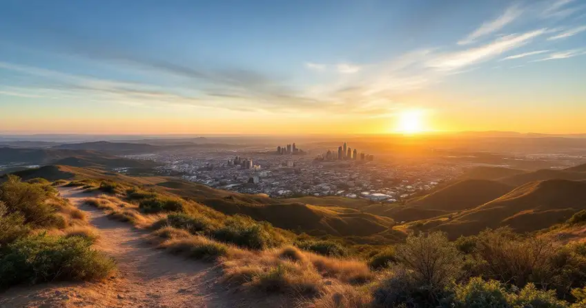Scenic hilltop hiking trail overlooking a California valley city at golden hour
