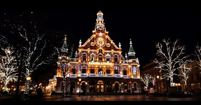 Magical holiday festival of lights on a historic building facade at night