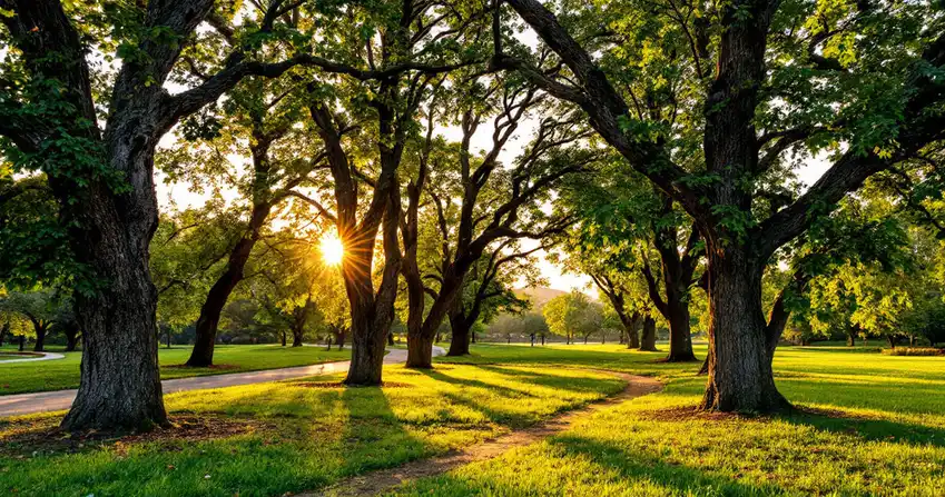 Green riverside park with tall trees and a path at golden hour in California
