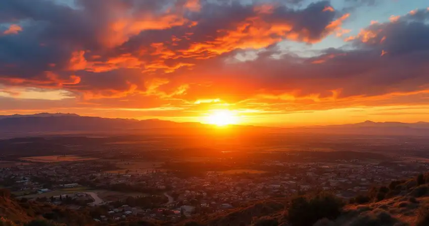 Dramatic California sunset over a valley city with mountains in the distance