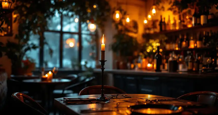 Cozy intimate wine bar with warm candlelight